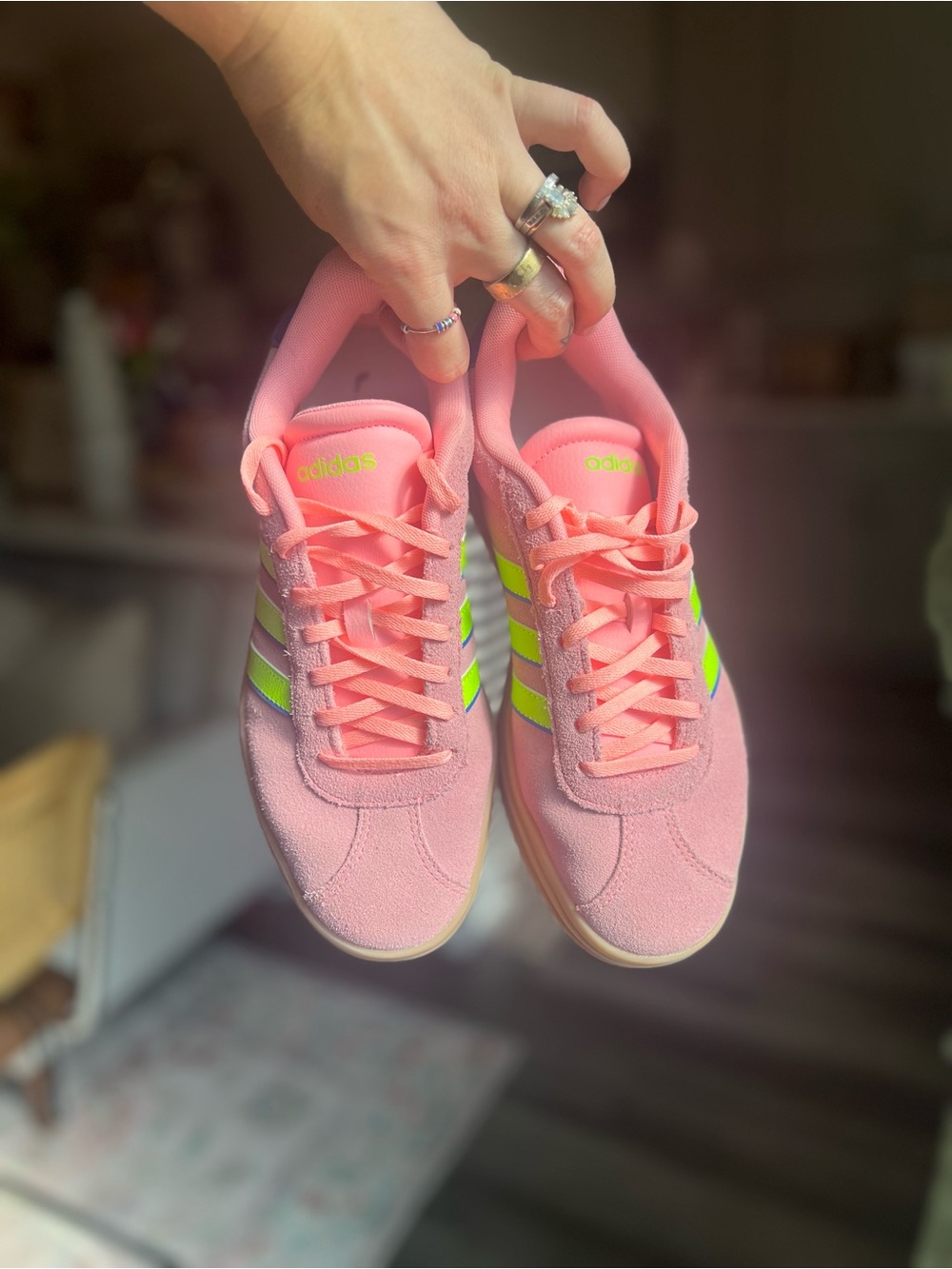 adidas Pink Sneakers with Neon Green Stripes - Picture 2 of 6
